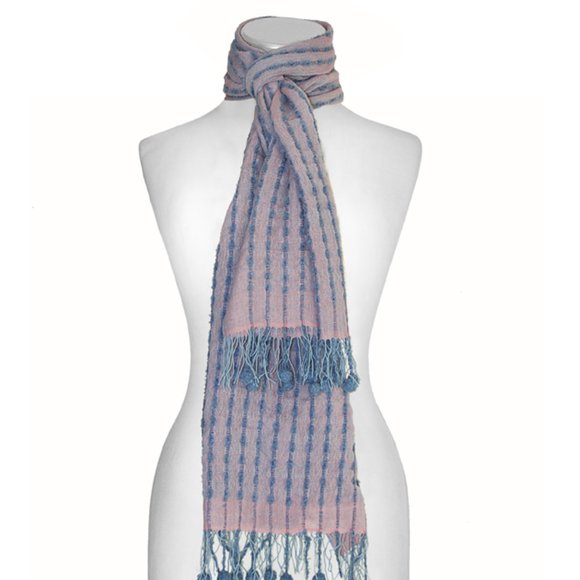 Wide Stripes Pom Pom Scarf. Made in Peru - Picture 1 of 4